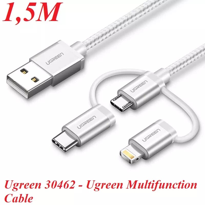 Ugreen 30462 1.5M màu Trắng Cáp sạc đa năng USB sang TypeC + Micro + Lightning US186