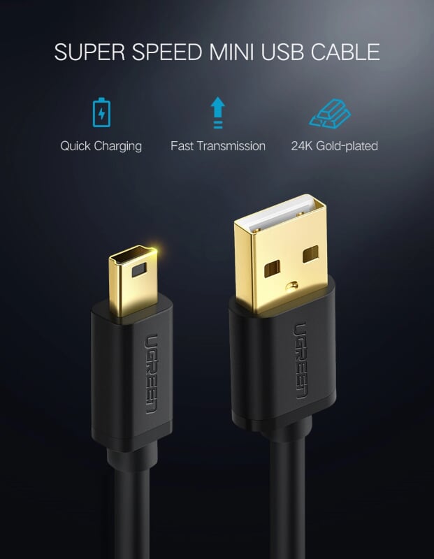 Ugreen 10354 0.5M màu Đen Cáp sạc truyền dữ liệu USB 2.0 sang MINI USB đầu mạ vàng US132