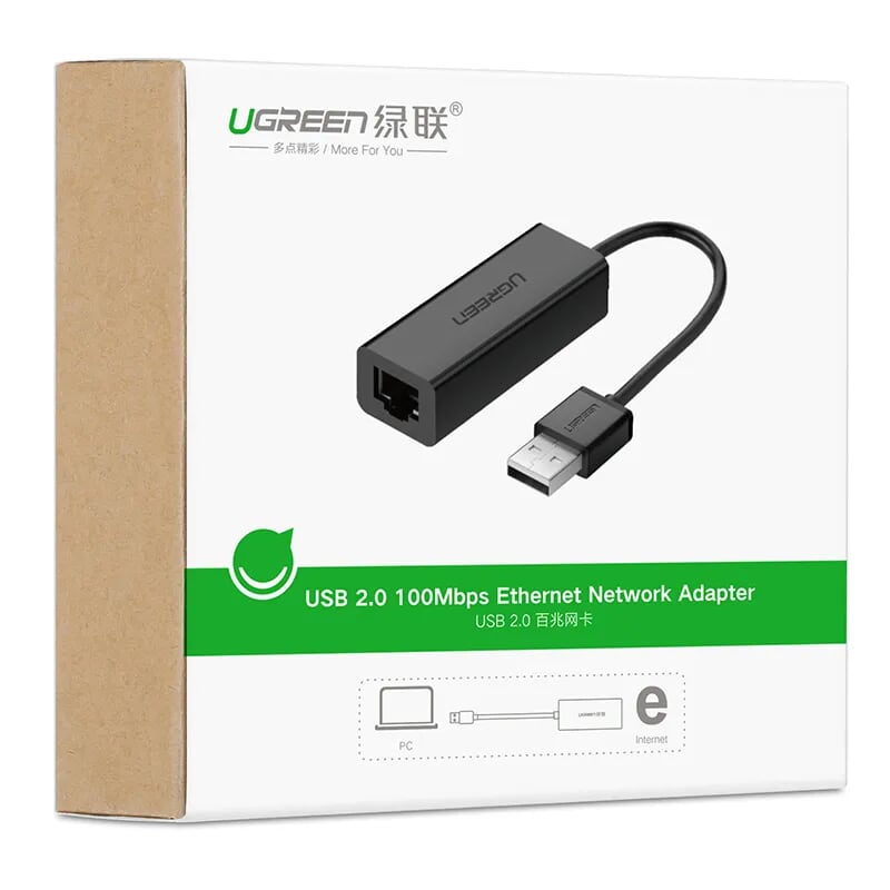 Ugreen 30296 15CM màu Đen Cáp chuyển đổi USB 2.0 sang cổng LAN RJ45 tốc độ 100Mbps vỏ nhựa CR128