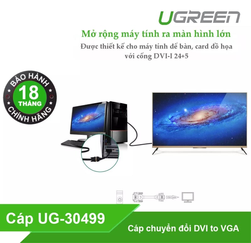 Ugreen 30499 15CM màu Đen Cáp chuyển DVI 24+5 dương sang VGA âm30499