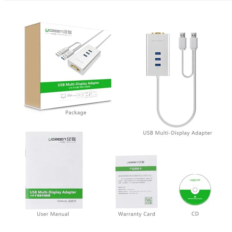 Ugreen 40256 80CM Màu Trắng USB 3.0 To VGA + 3 Ports USB 3.0 40256