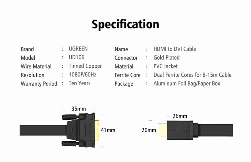 Ugreen 30140 10M màu Đen Cáp chuyển đổi HDMI sang DVI 24+1 thuần đồng cáp dẹt HD106