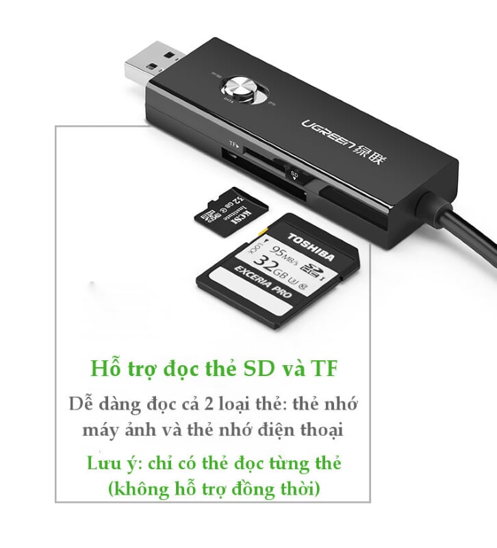 Ugreen 30518 30CM màu Đen Cáp chuyển MICRO USB sang USB 2.0 đọc thẻ SD + TF hỗ trợ OTG 30518