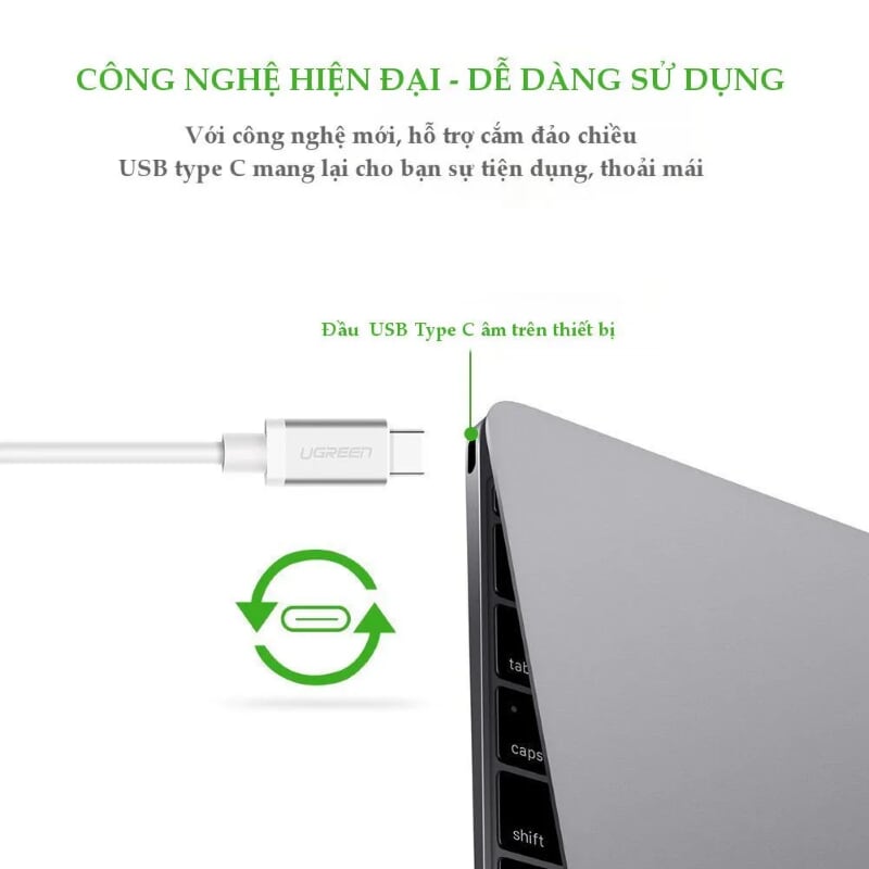 Ugreen 10678 1M màu Trắng Dây USB Type-C truyền dữ liệu và sạc mạ Nikel đầu nhôm US161