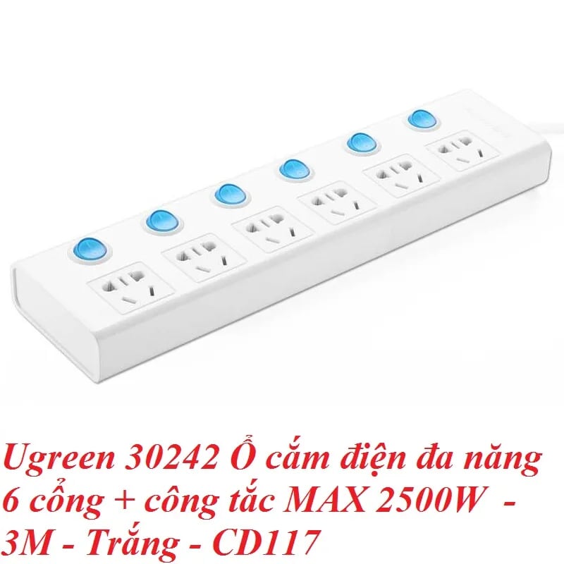 Ugreen 30242 3M Màu Trắng Ổ cắm điện đa năng 6 cổng + công tắc MAX 2500W CD117