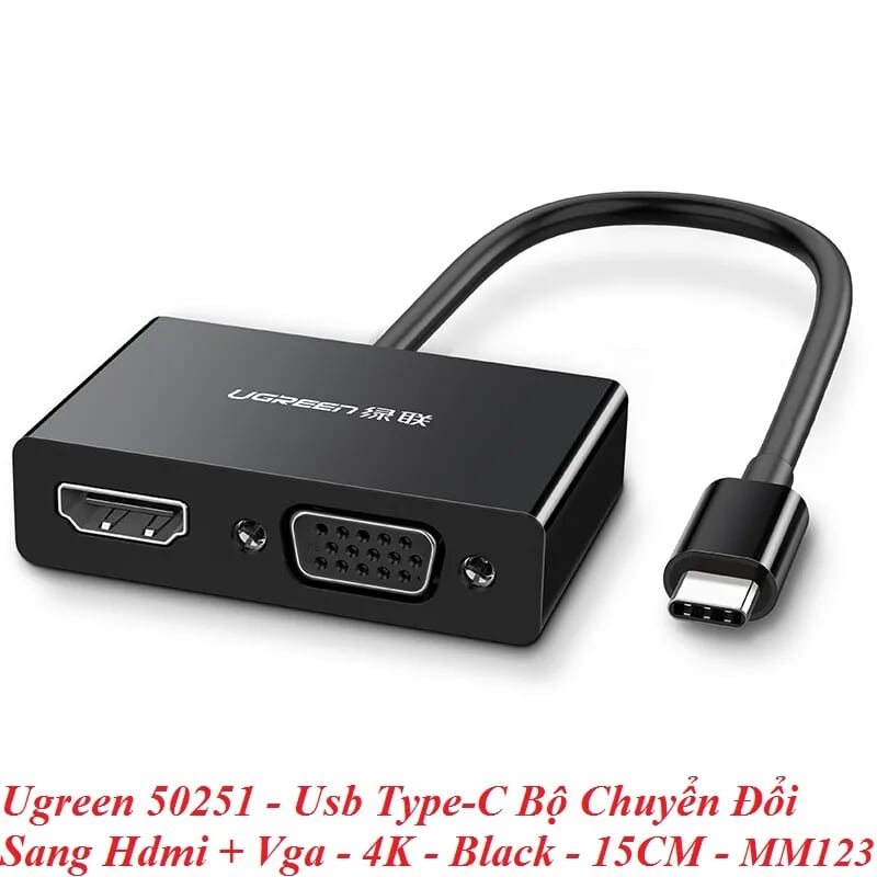 Ugreen 50251 15CM màu Đen Bộ chuyển đổi TYPE C sang HDMI + VGA + hỗ trợ phân giải 4K MM123