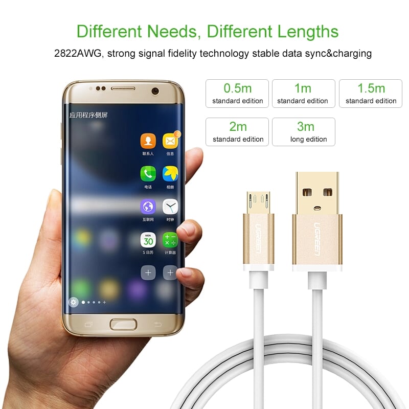 Ugreen 30659 0.5M màu Vàng Cáp sạc truyền dữ liệu USB 2.0 sang MICRO USB đầu mạ vàng US134