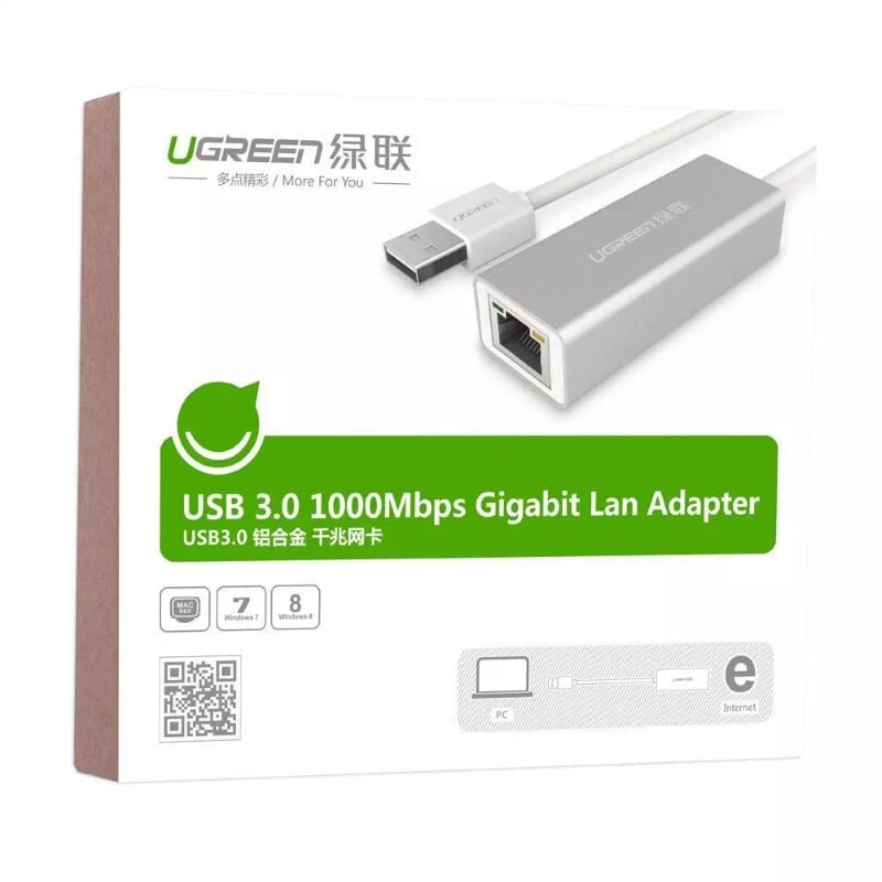 Ugreen 20258 15CM màu Bạc Cáp chuyển đổi USB 3.0 sang cổng LAN RJ45 tốc độ 1000Mbps vỏ nhôm 20258