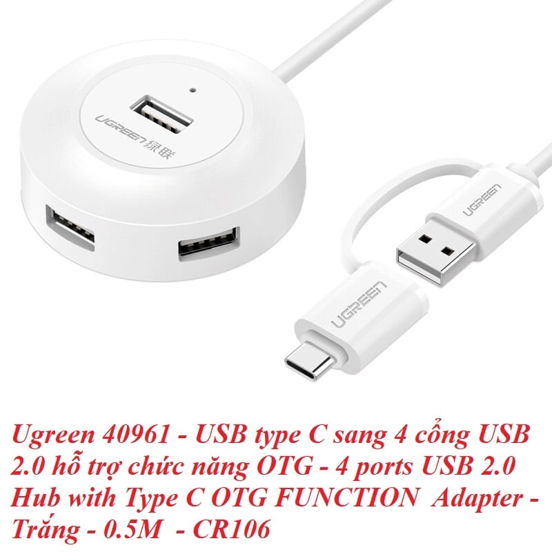 Ugreen 40961 0.5M Màu Trắng Bộ chuyển đổi TYPE C sang 4 USB 2.0 + nguồn MICRO USB hỗ trợ OTG TYPE C CR106