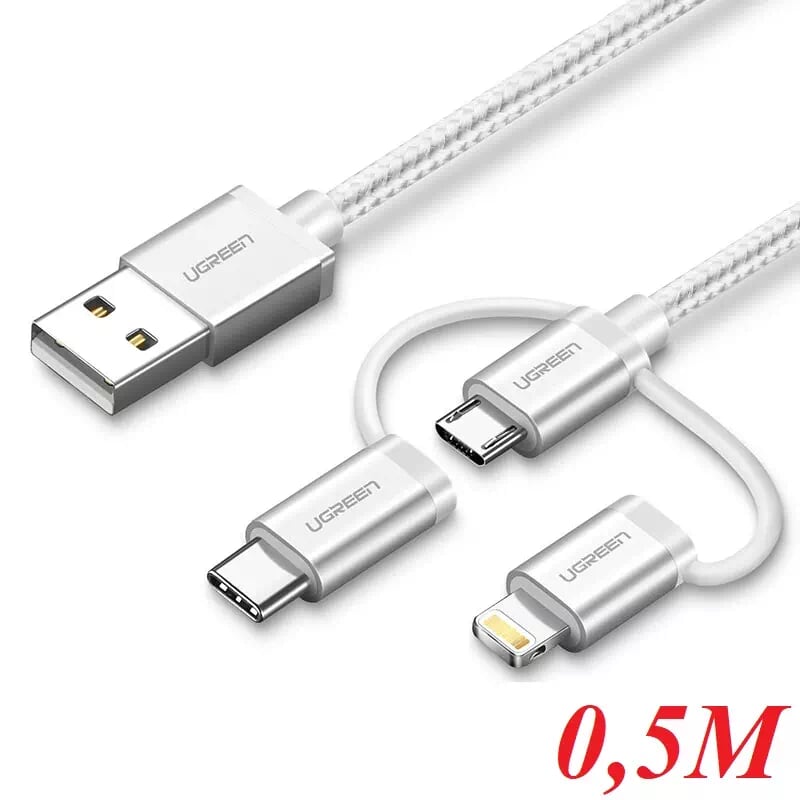 Ugreen 30460 0.5M màu Trắng Cáp sạc đa năng USB sang TypeC + Micro + Lightning US186