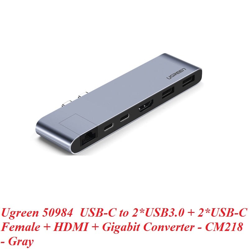 Ugreen 50984 Màu Xám Bộ Bộ chuyển đồi 2 TYPE C sang 2 USB 3.0 + HDMI + LAN + 2 TYPE C PD âm CM218