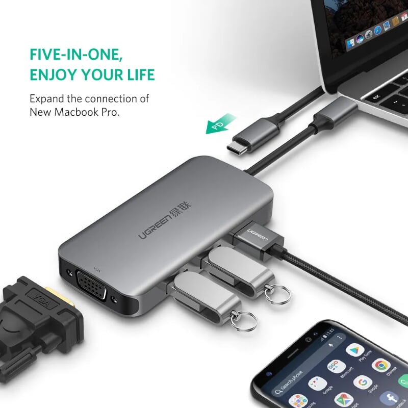 Ugreen 50210 Bộ chuyển đổi TYPE C sang 3 USB 3.0 + VGA + hỗ trợ nguồn TYPE C CM136