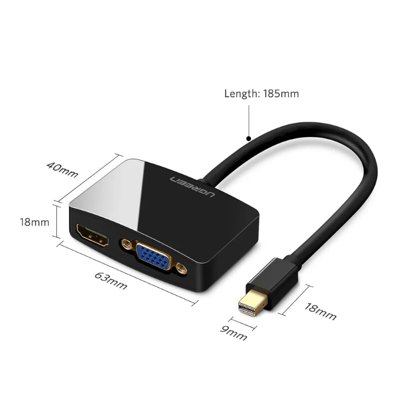 Ugreen 10439 Màu Đen Bộ chuyển đổi Mini DP sang HDMI + VGA hỗ trợ phân giải 1080P MD108