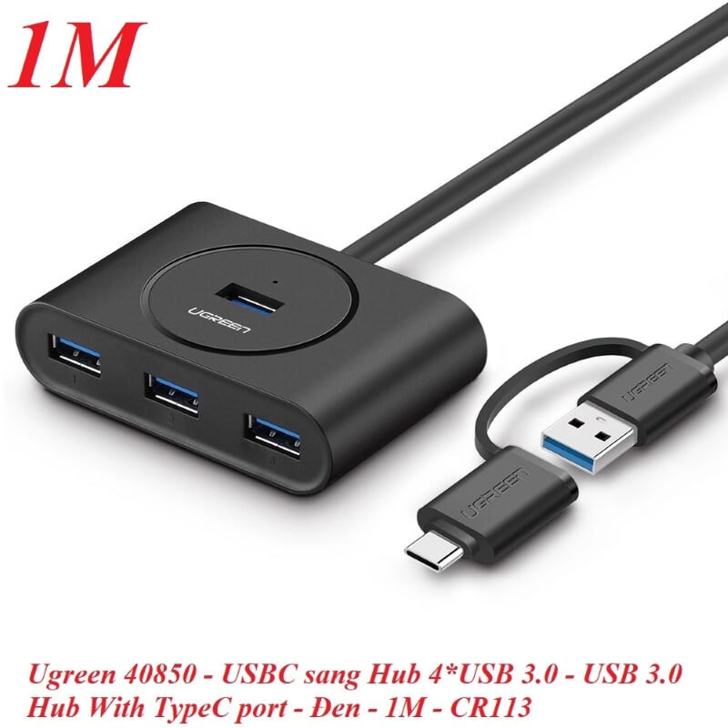 Ugreen 40850 1M Màu Đen Bộ chuyển đổi TYPE C sang 4 USB 3.0 + nguồn MICRO USB hỗ trợ OTG TYPE C CR113