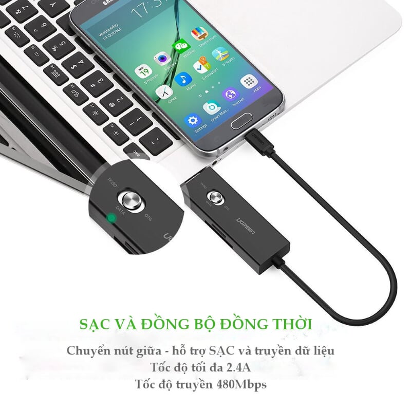 Ugreen 30518 30CM màu Đen Cáp chuyển MICRO USB sang USB 2.0 đọc thẻ SD + TF hỗ trợ OTG 30518