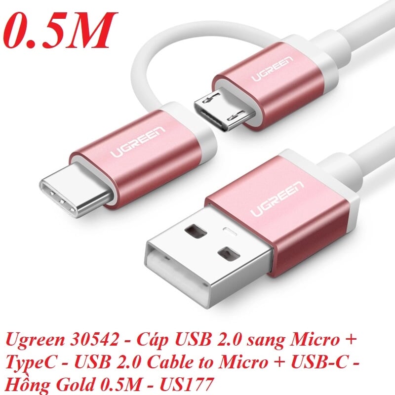 Ugreen 30542 0.5M màu Hồng Cáp USB-A sang Micro USB + USB-C cao cấp US177