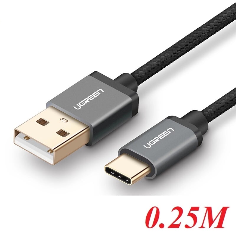 Ugreen 30878 0.25M 3A Màu Đen Cáp USB TypeC sang USB 2.0 Hỗ trợ sạc nhanh dây bên Nylon US174