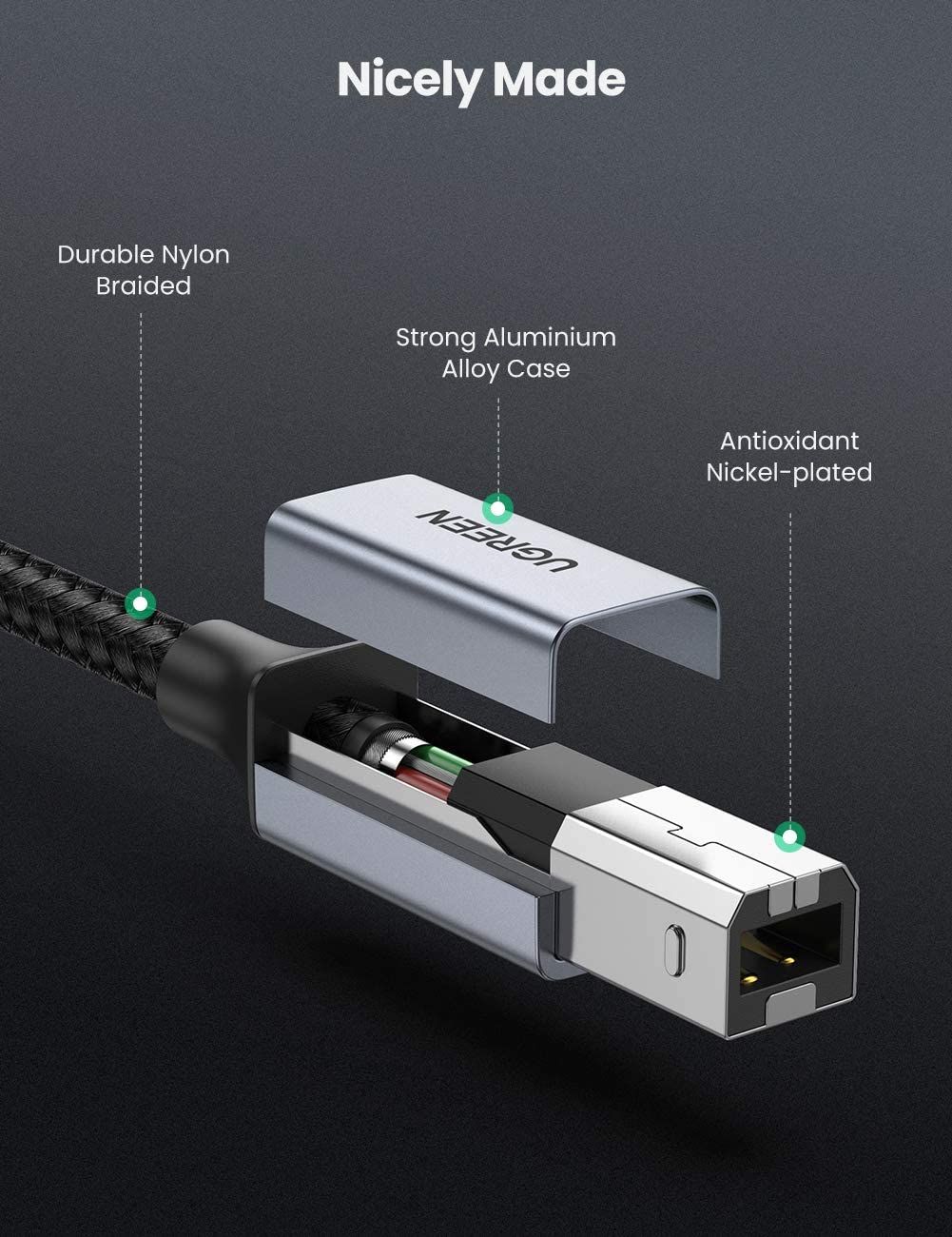 Ugreen 80805 1M màu xám cáp USB type C ra usb B 2.0 Printer US370