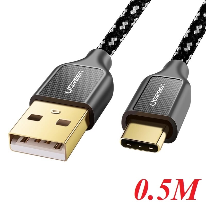 Ugreen 50142 0.5M màu Đen Cáp sạc truyền dữ liệu USB 2.0 sang TYPE C vỏ bọc lưới đầu mạ vàng US259