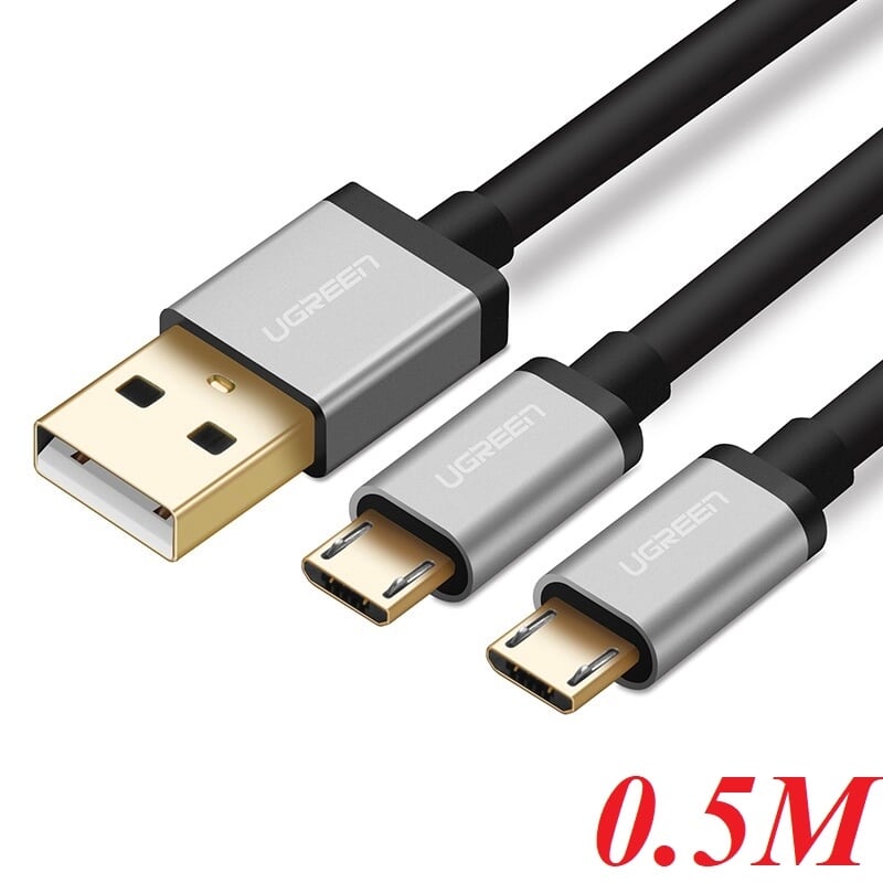 Ugreen 40347 0.5M màu Đen Cáp sạc truyền dữ liệu USB 2.0 sang 2 đầu MICRO USB cao cấp US196