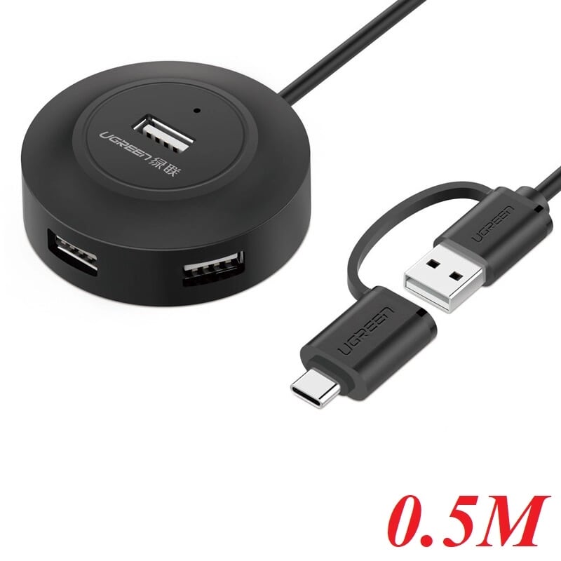 Ugreen 40962 0.5M Màu Đen Bộ chuyển đổi TYPE C sang 4 USB 2.0 + nguồn MICRO USB hỗ trợ OTG TYPE C CR106