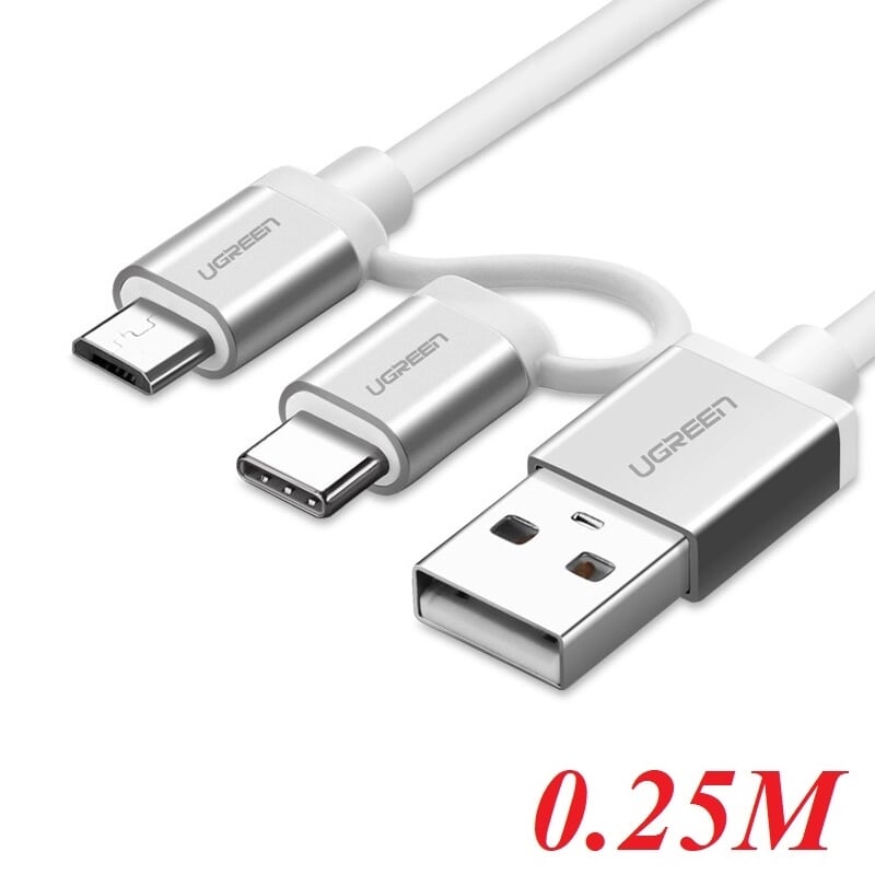 Ugreen 20870 0.25M màu trắng Dây USB 2.0 sang Type-C đầu nhôm US177