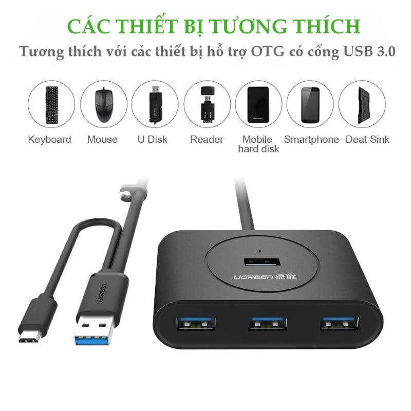 Ugreen 20292 80CM màu Đen Bộ chia HUB USB 3.0 sang 4 USB 3.0 hỗ trợ OTG CR113