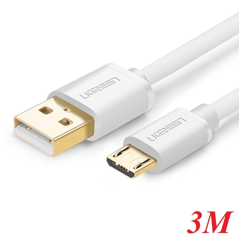 Ugreen 10851 3M màu Trắng Cáp sạc truyền dữ liệu USB 2.0 sang MICRO USB lõi đồng US125