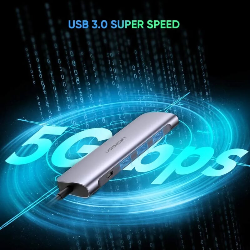 Ugreen 50850 20CM màu xám USB type C HUB 6 trong 1 ra USB 3.0 x 3 + Đọc thẻ TF/SD + nguồn 5V Micro USB CM195