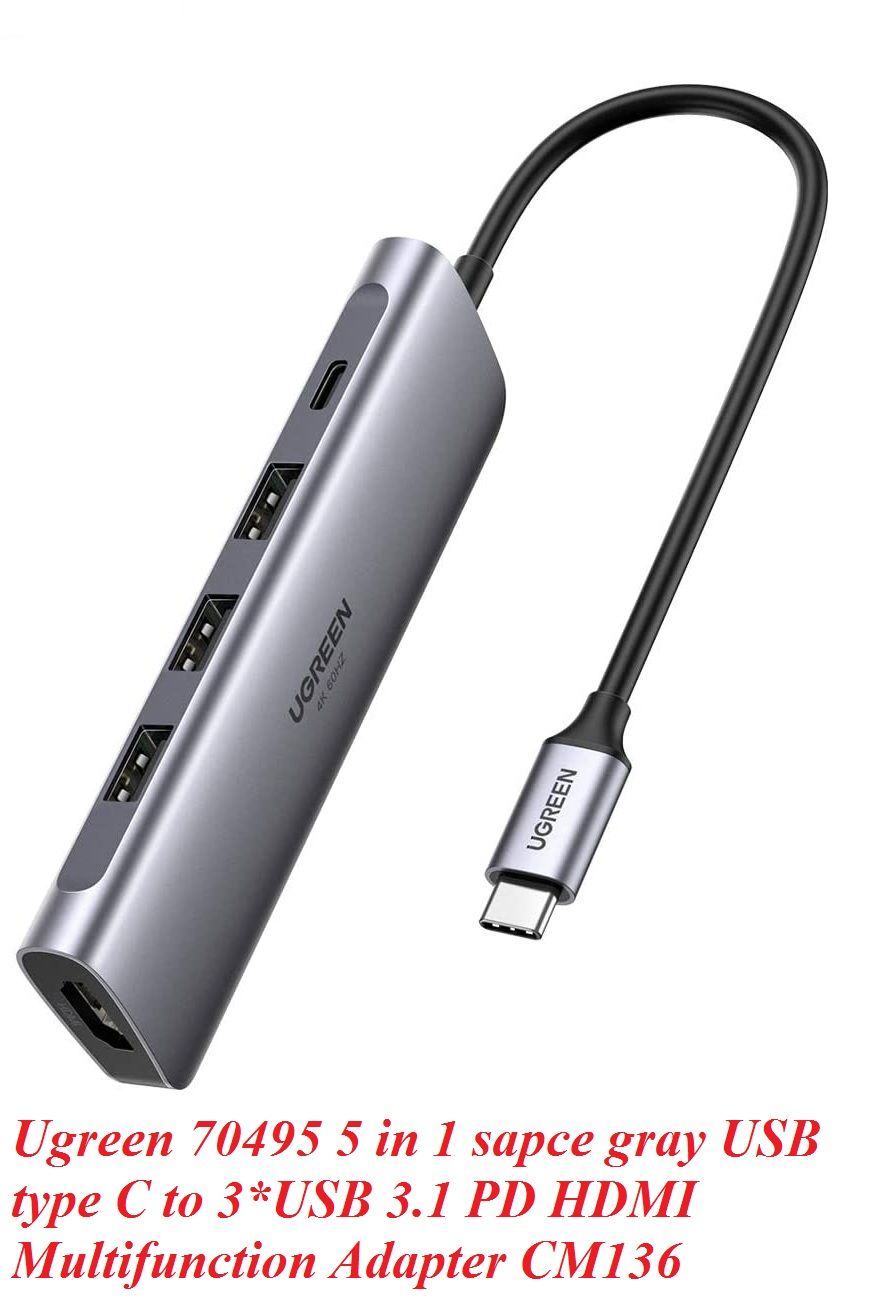 Ugreen 70495 5 trong 1 màu xám bộ chuyển USB type C ra 3*USB 3.1 sạc 100w PD 4K HDMI CM136