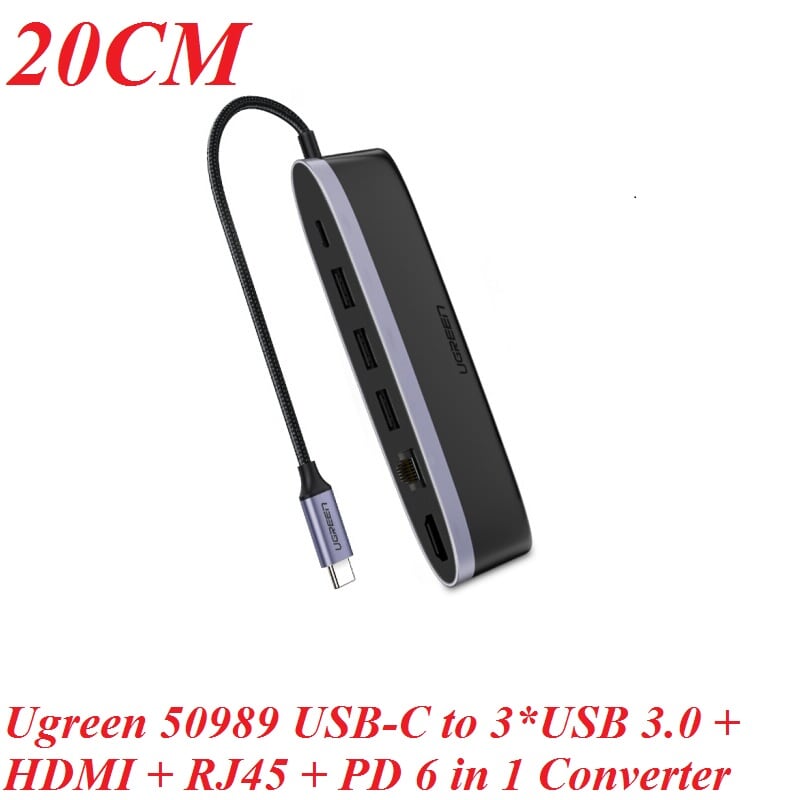 Ugreen 50989 Bộ chuyển đổi TYPE C sang 3 USB 3.0 + HDMI + LAN + nguồn TYPE C CM222