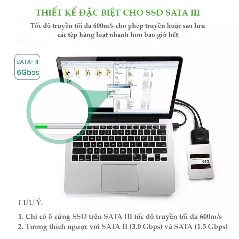 Ugreen 20611 25CM màu đen Bộ chuyền USB 3.0 sang SATA cho ổ cứng có hỗ trợ nguồn 20611