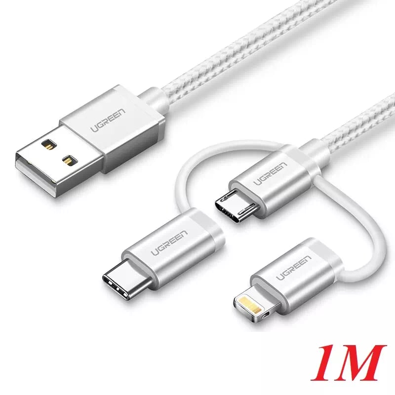 Ugreen 30461 1M màu Trắng Cáp sạc đa năng USB sang TypeC + Micro + Lightning US186