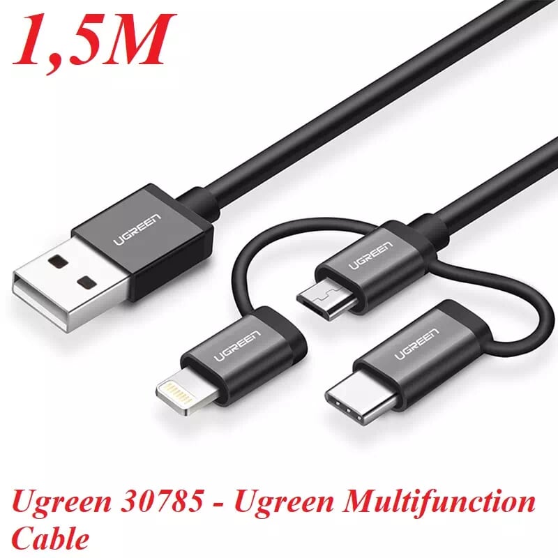 Ugreen 30785 1.5M màu Đen Cáp sạc đa năng USB sang TypeC + Micro + Lightning US186