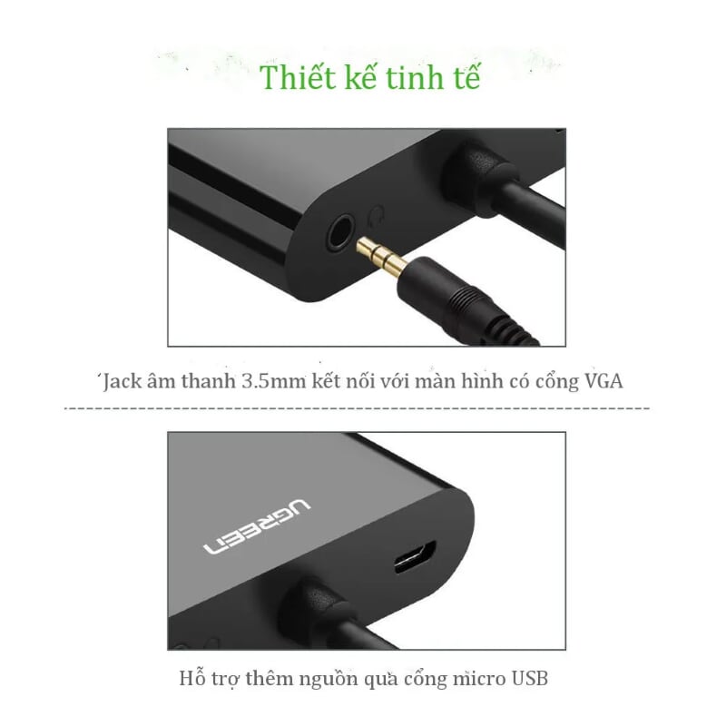 Ugreen 30355 30CM màu Đen Bộ chuyển Micro HDMI sang HDMI + VGA kèm cổng âm thanh MM115