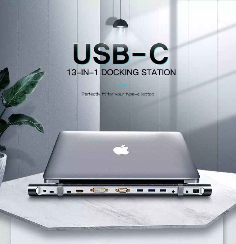 Ugreen 50844 Bộ chuyển đổi TYPE C sang 3 USB 3.0 + HDMI + VGA + DVI + TF SD + Audio + LAN + nguồn 50844