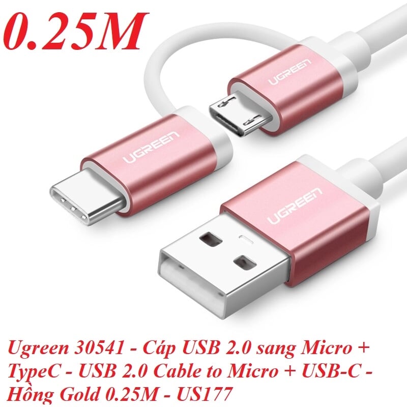 Ugreen 30541 0.25M màu Hồng Cáp USB-A sang Micro USB + USB-C cao cấp US177