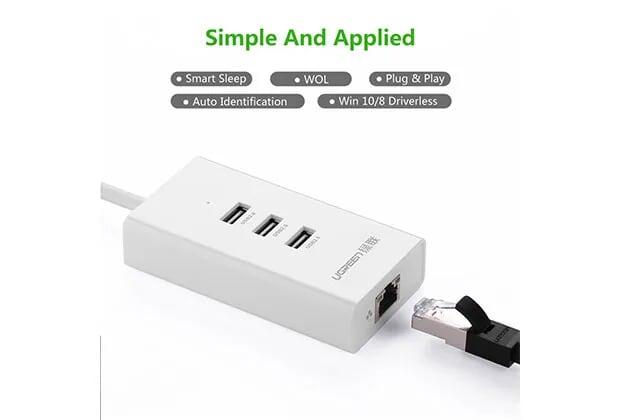 Ugreen 20259 50CM màu Trắng HUB chuyển đổi USB 2.0 sang 3 USB 2.0 + LAN tốc độ 100Mbps CR102