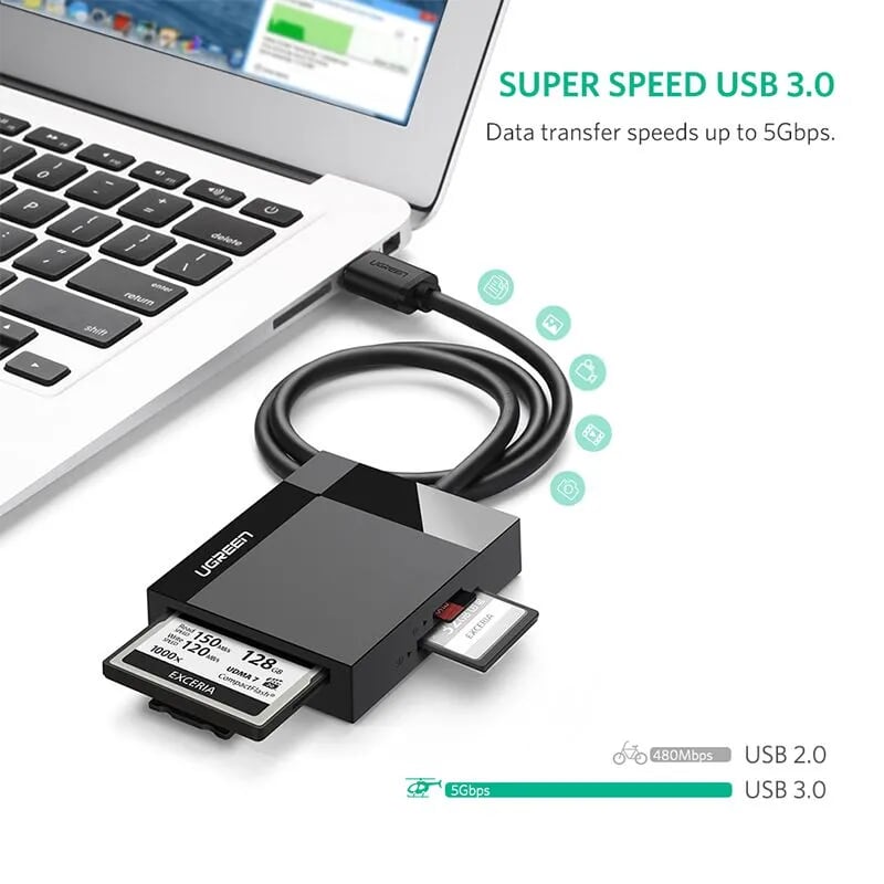 Ugreen 30335 1M Màu Xám Đầu đọc thẻ USB 3.0 hỗ trợ thẻ TF/SD/CF/MS CR125