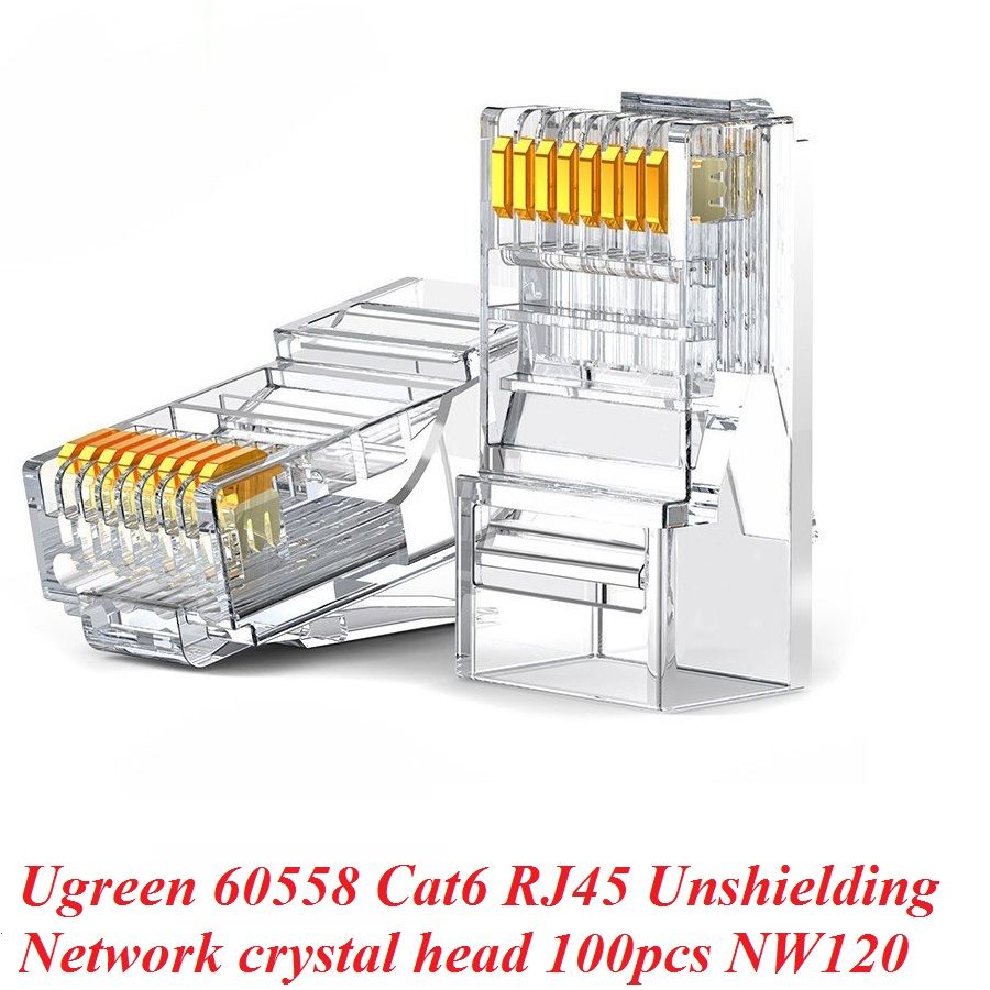 Ugreen 60558 bao có 100 chiếc đầu bấm mạng Cat6 RJ45 trong suốt chân mạ vàng 24K NW120