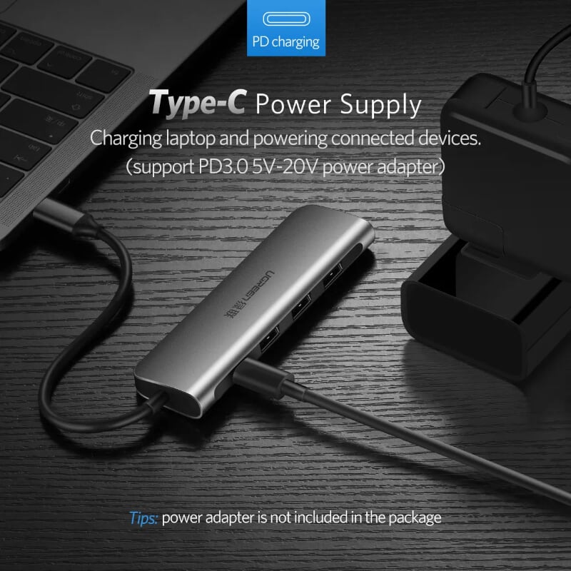 Ugreen 50209 Bộ chuyển đổi TYPE C sang 3 USB 3.0 + HDMI + hỗ trợ nguồn TYPE C CM136