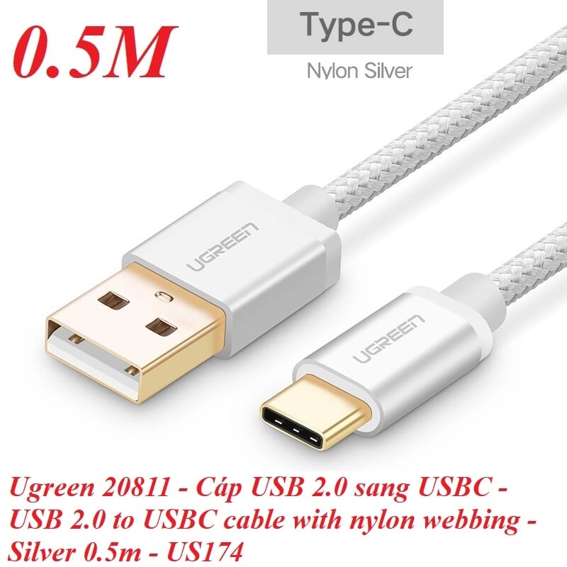 Ugreen 20811 0.5M màu Trắng Dây USB 2.0 sang Type-C đầu nhôm dây bọc vinyl US174