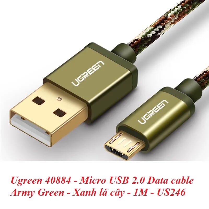 Ugreen 40884 1M màu Xanh lá Cáp sạc truyền dữ liệu USB 2.0 sang MICRO USB dây bọc lưới US246