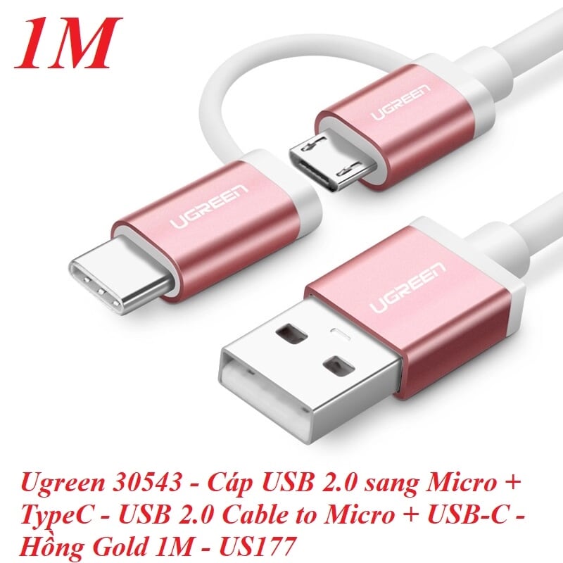 Ugreen 30543 1M màu Hồng Cáp USB-A sang Micro USB + USB-C cao cấp US177