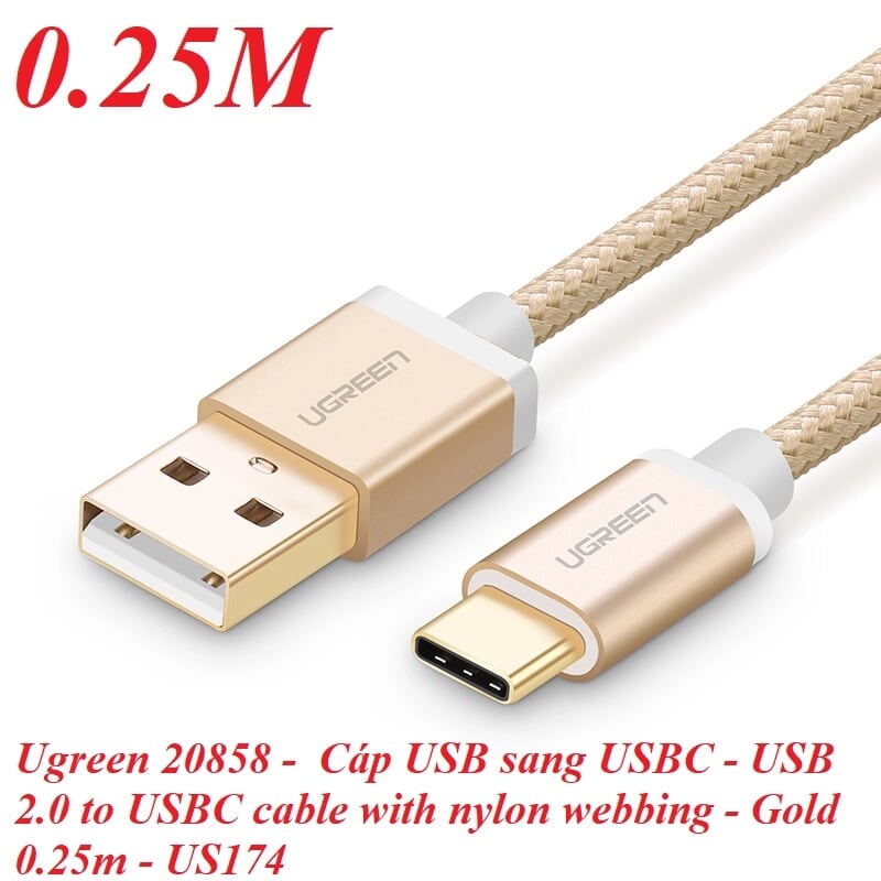 Ugreen 20858 0.25M màu Vàng Dây USB 2.0 sang Type-C đầu nhôm dây bọc vinyl US174