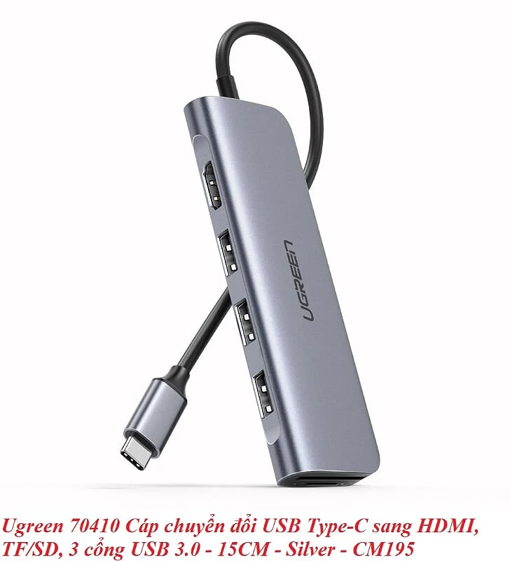 Ugreen 70410 15CM bộ chuyển đổi USB Type-C sang HDMI + TF/SD + 3 cổng USB 3.0 màu bạc không hỗ trợ PD CM195