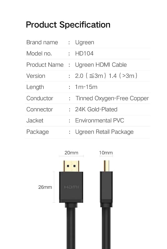 Ugreen 10181 6M Hdmi Cable 1.4V Full Copper 19+1 HD104