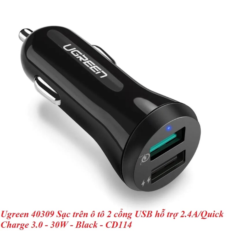 Ugreen 40309 30W qc3.0 Sạc trên ô tô 2 cổng USB hỗ trợ 2.4A + Quick Charge 3.0 màu đen CD114