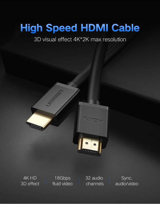 Ugreen 10110 10M màu Đen Cáp tín hiệu HDMI chuẩn 1.4 hỗ trợ phân giải 4K * 2K HD104