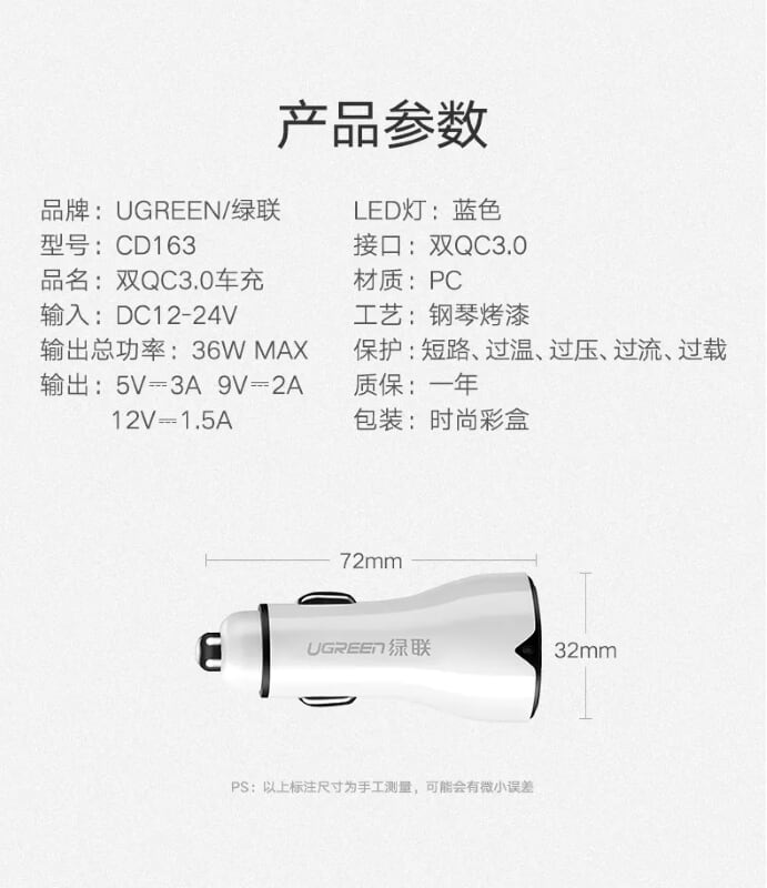 Ugreen 40727 Màu Trắng Bộ sạc ô tô 2 cổng USB chuẩn QC 3.0 CD163